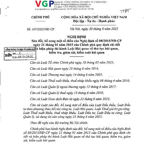 Document preview: Nghị Định 167/2025/NĐ-CP: Cải Cách Thủ Tục Hải Quan Tại Việt Nam — Thủ tục hành chính (CERFA n°167/2025/NĐ-CP)