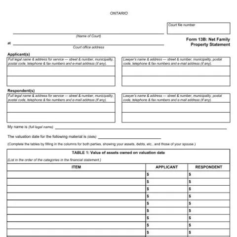 Document preview: Understanding Form 13B: Net Family Property Statement in Ontario — Legal & justice (FLR-13B-E)