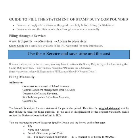 Document preview: Comprehensive Guide to Sri Lanka's Stamp Duty Statement — Taxes (CERFA n°Asmt_SSDC_002)