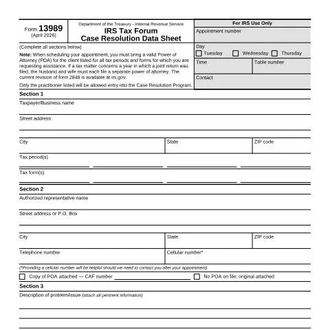 Document preview: Understanding IRS Form 13989 for Effective Tax Representation — Taxes (CERFA n°13989)