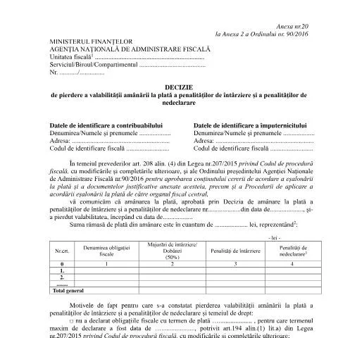 Document preview: Înțelegerea pierderii amânării penalităților de întârziere — Impozite & fiscalitate (CERFA n°A20_OPANAF_90_2016)