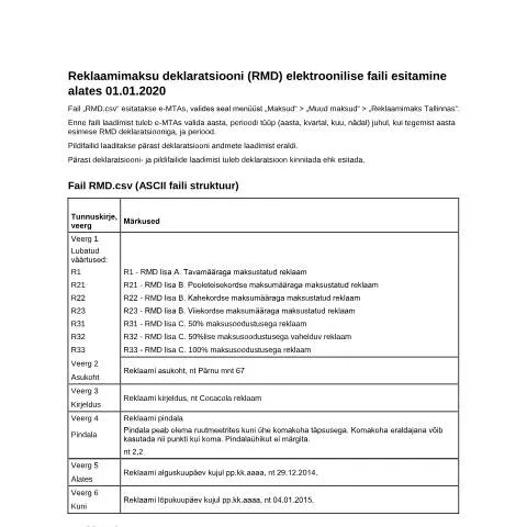 Document preview: Reklaamimaksu deklaratsiooni elektrooniline fail - RMD — Maksud ja maksustamine (CERFA n°REKLAAMIMAKSU DEKLARATSIOONI ELEKTROONILISE FAILI)