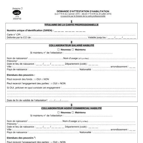 Aperçu du document Attestation d'habilitation agent immobilier : démarches et formulaire — Immobilier & foncier (CERFA n°15315*01)
