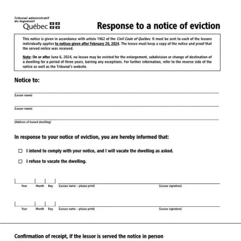 Document preview: How to Respond to a Notice of Eviction in Quebec — Housing (TAL-826A-E)
