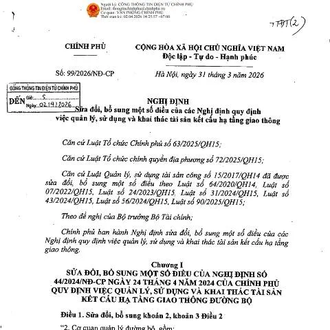 Document preview: Nghị định 99/2026/NĐ-CP: Cải Cách Quản Lý Hạ Tầng Giao Thông — Ngân hàng & tài chính (CERFA n°99/2026/NĐ-CP)