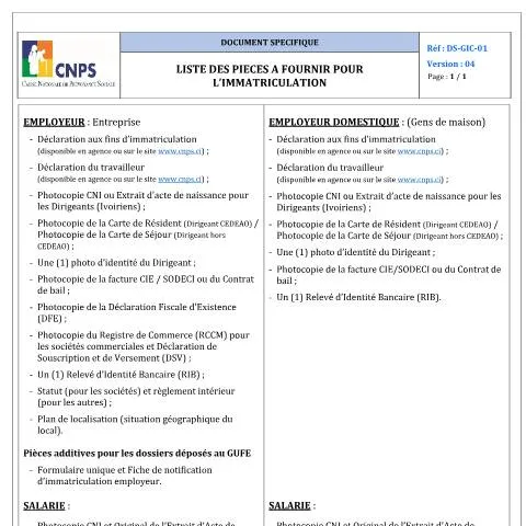 Aperçu du document Guide complet pour l'immatriculation à la CNPS — Démarches administratives