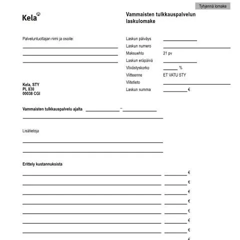 Document preview: Vammaisten tulkkauspalvelun laskulomake Kela TU 55 , Tärkeä asiakirja — Tuet & sosiaalietuudet (CERFA n°Kela TU 55)