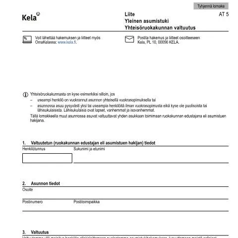 Document preview: Yhteisöruokakunnan valtuutus ja asumistuki Suomessa — Asuminen (CERFA n°Kela AT 5)