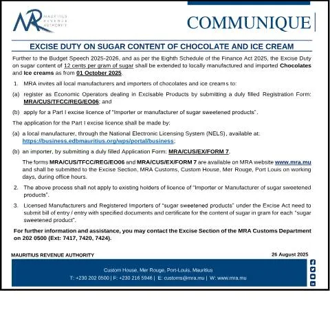 Document preview: Excise Duty Imposed on Sugar in Chocolate and Ice Cream Products — Taxes (CERFA n°CommuniqueExcise260825)