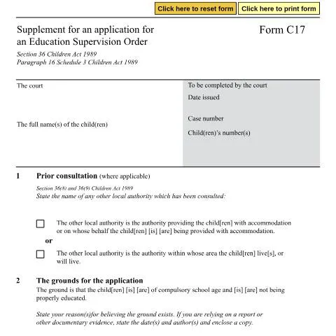 Document preview: Understanding Form C17 for Education Supervision Orders — Education & training