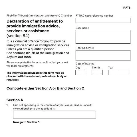 Document preview: Declaration of Entitlement for Immigration Advice: Form IAFT8 Guide — Legal & justice