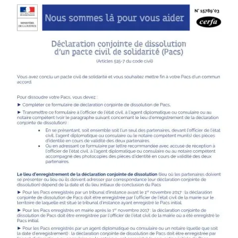 Aperçu du document Procédure de dissolution conjointe d'un Pacs en France — État civil & identité (Cerfa 15789*03)