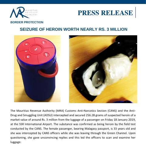 Document preview: Heroin Seized at Mauritius Airport — Government & admin (CERFA n°DrugSeizure200119)