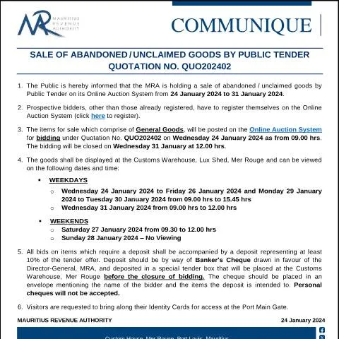 Document preview: Mauritius Public Tender for Abandoned Goods Sale — Government & admin (CommuniqueQuo202402)