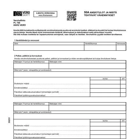 Document preview: Ansiotulojen ilmoittaminen ja vähennykset 50A lomakkeella (3023) — Verot & verotus (CERFA n°Vero 3023)