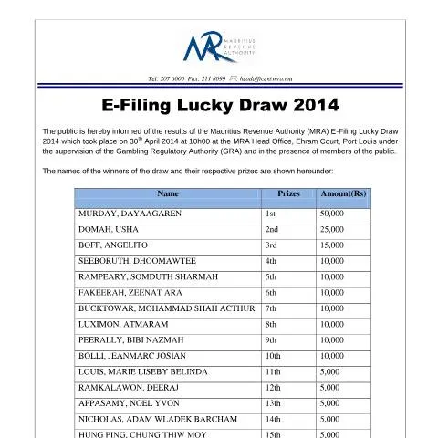 Document preview: Celebrating the E-Filing Lucky Draw Winners of 2014 — Government & admin (CERFA n°E-FilingDraw2014)