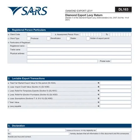 Document preview: Understanding the DL 163 Diamond Export Levy Return — Taxes (CERFA n°DL 163)