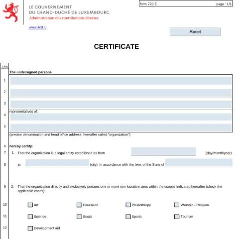 Aperçu du document Comprendre le certificat 720 E pour les dons au Luxembourg — Démarches administratives (CERFA n°720 E)