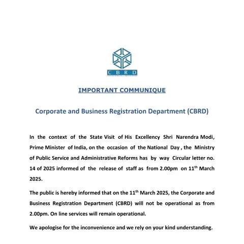 Document preview: Notice of Temporary Closure for Corporate Registration Department on — Government & admin (IMPORTANT-COMMUNIQUE-_11_03_2025)