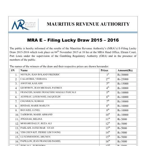 Document preview: E-Filing Lucky Draw Winners 2015-2016 Revealed — Government & admin (CERFA n°eFiling20152016-041115)