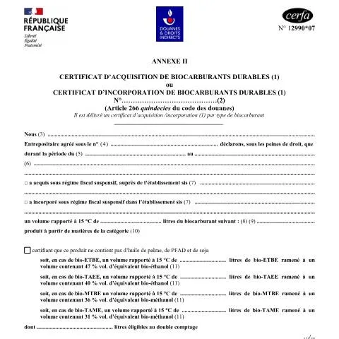 Aperçu du document Certification TIRUERT pour l'acquisition de biocarburants durables — Démarches administratives (CERFA n°12990*07)
