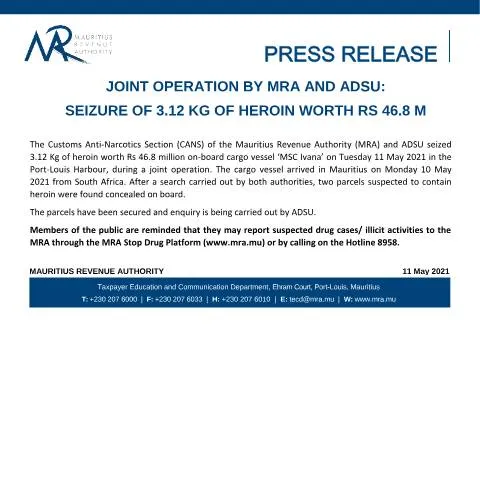 Document preview: Major Heroin Seizure in Joint MRA and ADSU Operation — Government & admin (Seizure110521)