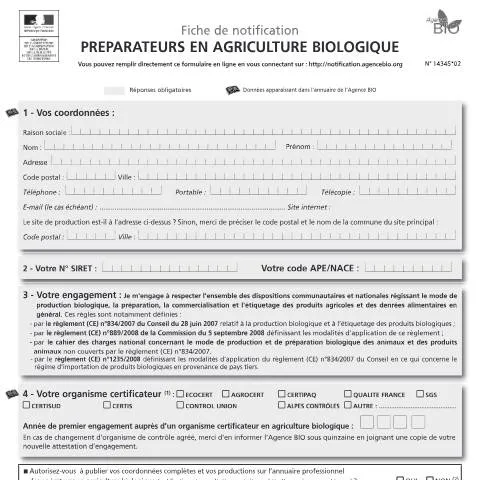 Aperçu du document Notification préparateurs agriculture biologique : fiche 14345*02 — Démarches administratives (CERFA n°14345*02)
