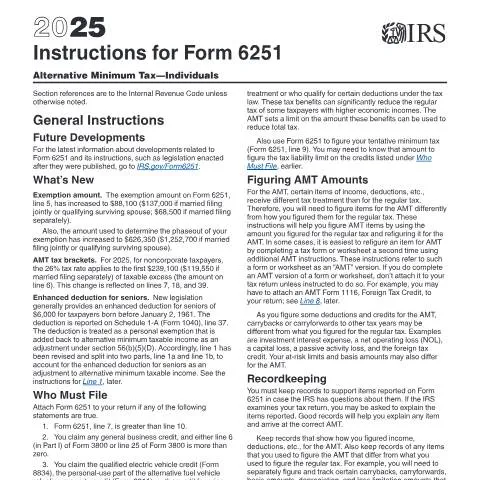 Document preview: A Comprehensive Overview of IRS Form 6251 for AMT — Taxes (CERFA n°INST-6251)
