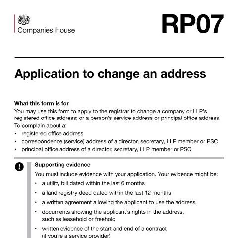 Document preview: RP07 Address Change Application: Emergency Company Address Corrections — Government & admin