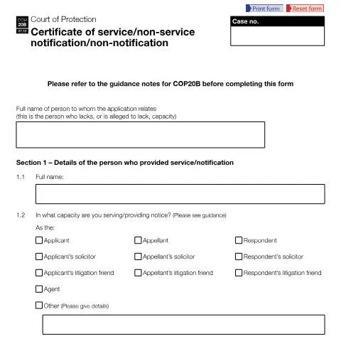 Document preview: COP20B Certificate of Service: Court of Protection Requirements — Legal & justice