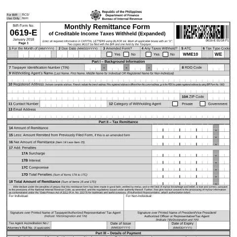 Document preview: Mastering BIR Form No. 0619-E for Tax Compliance — Government & admin (CERFA n°0619-E)