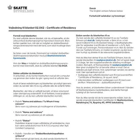 Document preview: Navigering i Hjemstedserklæring 02.042 for Virksomheder — Skatter & skat (CERFA n°02.042)