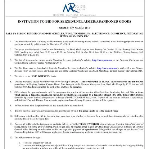 Document preview: Understanding Quotation No. 3 of 2014 for Auctions — Government & admin (Bid_Q3of2014)