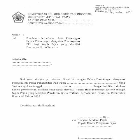 Document preview: Alasan Penolakan SK Bebas Pemotongan PPh Wajib Pajak — Pajak & perpajakan (CERFA n°ID-DJP-Penolakan-Permohonan-SK-Bebas-Potong-PPh-WP-Bruto-Tertentu)