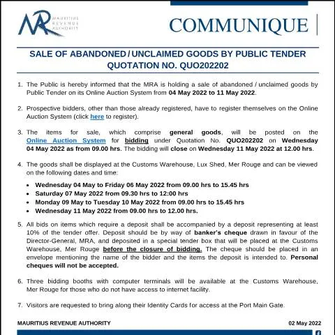 Document preview: Understanding Public Tender Sales of Unclaimed Goods — Government & admin (CommuniqueQUO202202)