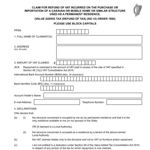 Document preview: VAT Refund Claim for Caravans and Mobile Homes Used as Residences — Taxes (VAT 62)