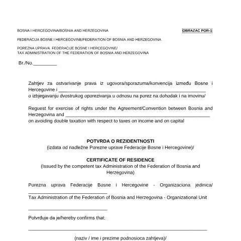 Document preview: Ključna uloga POTVRDE O REZIDENTNOSTI za pravna lica — Porezi i fiskalnost (CERFA n°POR-1)