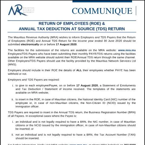 Document preview: Understanding ROE & TDS Returns in Mauritius — Taxes (CommuniqueROE290720)