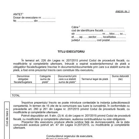 Document preview: Rolul Titlului Executoriu în Procedurile Fiscale — Formalități administrative (CERFA n°A1_OPANAF_967_2017)