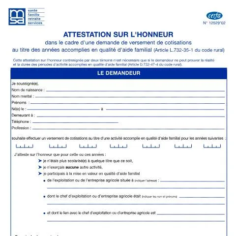 Aperçu du document Attestation sur l'honneur aide familial : démarches cotisations — Démarches administratives (CERFA n°12529*02)