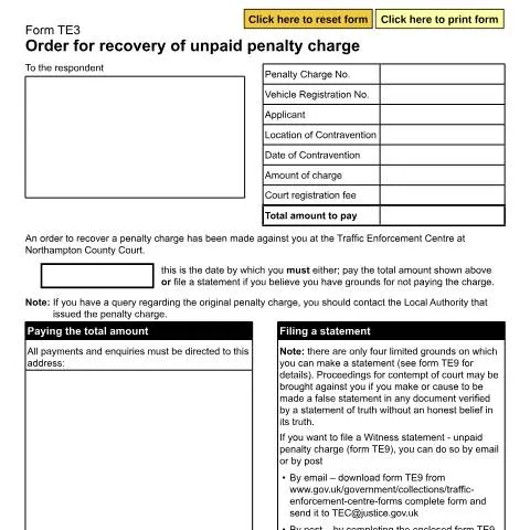Document preview: Form TE3 Recovery Order: When Penalty Charges Reach Court — Legal & justice