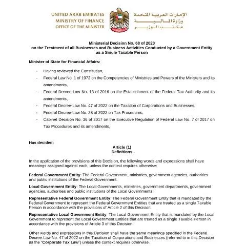 Document preview: Understanding UAE Ministerial Decision 68 of 2023 on Tax Treatment of — Taxes (CERFA n°Ministerial Decision No (68) of 2023)