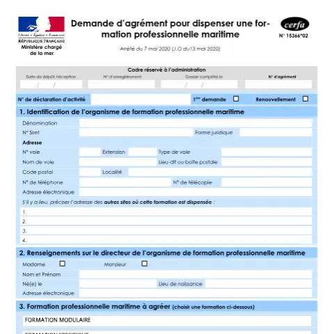 Aperçu du document Agrément formation professionnelle maritime : procédure officielle — Démarches administratives (CERFA n°15366*02)