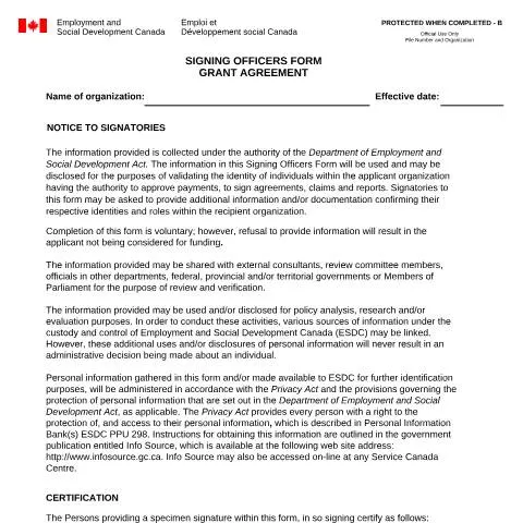 Document preview: Understanding the Signing Officers Form for Grant Agreements — Work & employment (CERFA n°EMP5566)