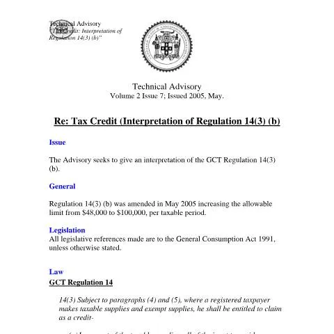 Document preview: Clarification of Regulation 14(3)(b) in Jamaica's GCT system — Taxes (CERFA n°2005.iroc.gct+-+tax+credit+-+interpretation+of+regulation+143b)