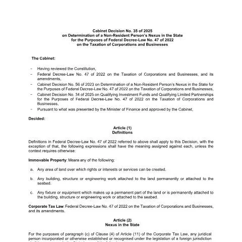 Document preview: Understanding the Impact of Cabinet Decision No. 35 of 2025 on — Taxes (CERFA n°Cabinet Decision No. 35 of 2025)
