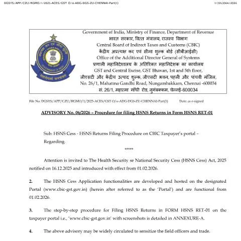 Document preview: Comprehensive Guide to Advisory No. 06 of 2026 on HSN Returns — Taxes (CERFA n°AdvisoryNo.06of2026dated12.03.26onfilingofHSNSReturns_RET-01)