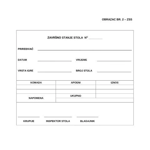 Document preview: ZAVRŠNO STANJE STOLA: Ključni obrazac za igre na sreću — Administrativne procedure (CERFA n°ZSS)
