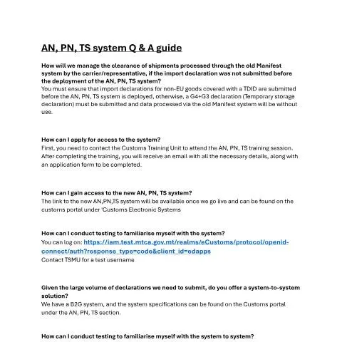 Document preview: Frequently Asked Questions about the AN-PN-TS System — Customs & trade (CERFA n°faqs---anpnts-system)