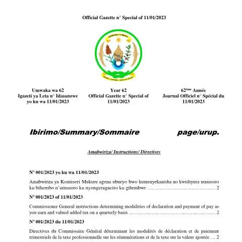 Document preview: Rwanda Regulations on Quarterly Tax Declarations and Payments — Taxes (CERFA n°13.1.23_OG_n___Special_of_11.01.2023_Kumenyekanisha_no_kwishyura_umusoro_ku_bihembo_n_umusoro_ku_nyongeragaciro_ku_gihem)